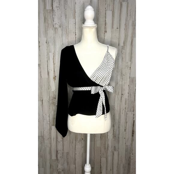 NWT By The Way Women's Black Polka Dot Wrap Blouse Size Small Long Sleeve Casual - Picture 2 of 6